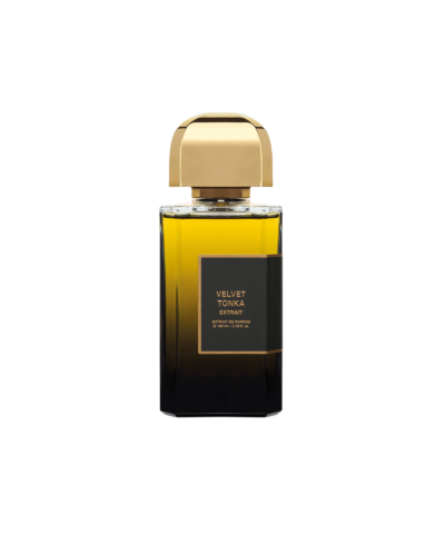 BDK Parfums Velvet Tonka Extrait 100 ml buteliukas su auksiniu dangteliu ir juoda etikete ant balto fono