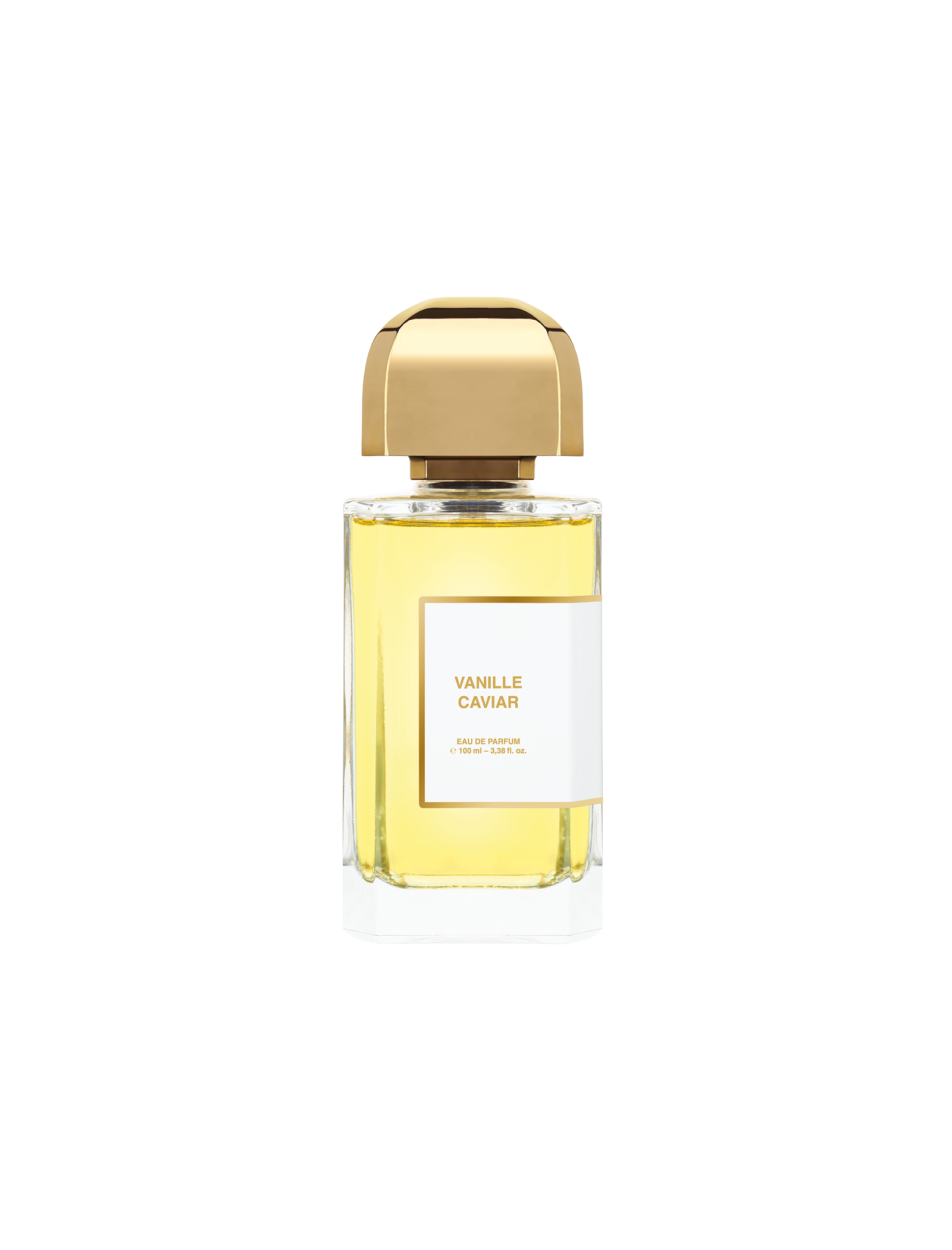 BDK Parfums Vanille Caviar Eau de Parfum 100 ml, skaidrus buteliukas su gelsvu skysčiu ir auksine kepurėle